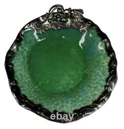 Pair Of Sterling Silver Mounted Green Art Glass Bowls With Flowers