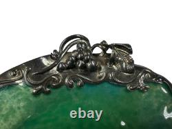 Pair Of Sterling Silver Mounted Green Art Glass Bowls With Flowers