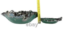 Pair Of Sterling Silver Mounted Green Art Glass Bowls With Flowers