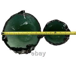 Pair Of Sterling Silver Mounted Green Art Glass Bowls With Flowers