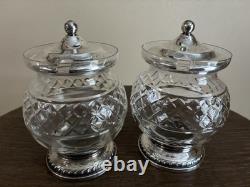 Pair Vintage Gorham Sterling Silver And Cut Glass Crystal Jam Jars Fluted Base