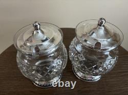 Pair Vintage Gorham Sterling Silver And Cut Glass Crystal Jam Jars Fluted Base