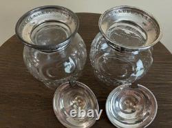 Pair Vintage Gorham Sterling Silver And Cut Glass Crystal Jam Jars Fluted Base