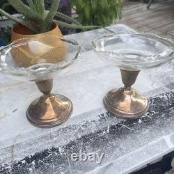 Pair Vintage Sterling Silver Glass Art Deco Candy Dish Compote