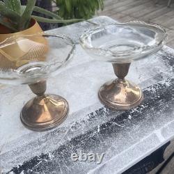 Pair Vintage Sterling Silver Glass Art Deco Candy Dish Compote