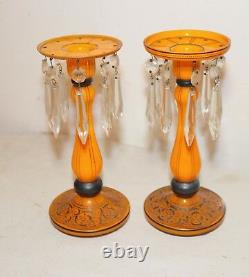 Pair antique Czechoslovakian sterling silver crystal orange glass candlesticks