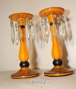 Pair antique Czechoslovakian sterling silver crystal orange glass candlesticks