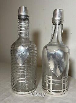 Pair antique ornate sterling silver overlay glass liquor claret decanter bottle