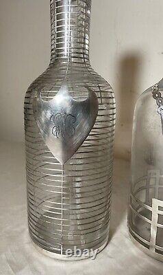 Pair antique ornate sterling silver overlay glass liquor claret decanter bottle