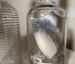 Pair antique ornate sterling silver overlay glass liquor claret decanter bottle