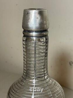 Pair antique ornate sterling silver overlay glass liquor claret decanter bottle