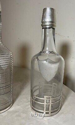 Pair antique ornate sterling silver overlay glass liquor claret decanter bottle