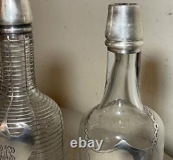 Pair antique ornate sterling silver overlay glass liquor claret decanter bottle