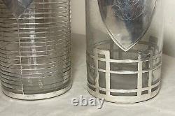 Pair antique ornate sterling silver overlay glass liquor claret decanter bottle