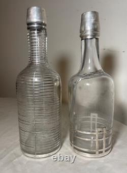 Pair antique ornate sterling silver overlay glass liquor claret decanter bottle