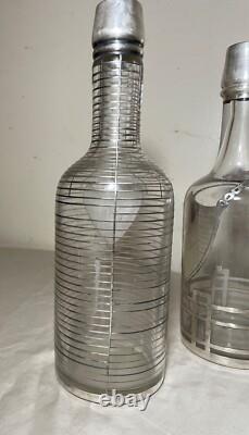 Pair antique ornate sterling silver overlay glass liquor claret decanter bottle