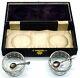 Pair Of Antique Cut Glass Master / Individual Salts Sterling Silver Rims In Case