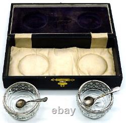 Pair of Antique Cut Glass Master / Individual Salts Sterling Silver Rims in Case