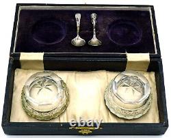 Pair of Antique Cut Glass Master / Individual Salts Sterling Silver Rims in Case