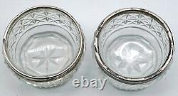 Pair of Antique Cut Glass Master / Individual Salts Sterling Silver Rims in Case