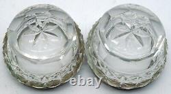 Pair of Antique Cut Glass Master / Individual Salts Sterling Silver Rims in Case