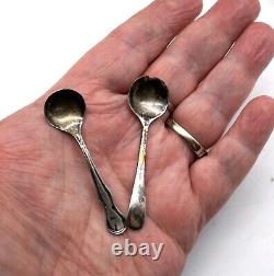 Pair of Antique Cut Glass Master / Individual Salts Sterling Silver Rims in Case