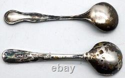 Pair of Antique Cut Glass Master / Individual Salts Sterling Silver Rims in Case