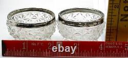 Pair of Antique Cut Glass Master / Individual Salts Sterling Silver Rims in Case