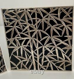 Pair of Sterling Silver (950) Mounted Black Glass Trivets in Bamboo Motif