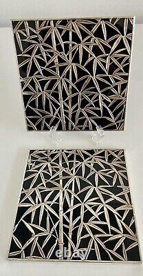 Pair of Sterling Silver (950) Mounted Black Glass Trivets in Bamboo Motif