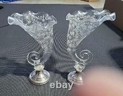 Pair of Vintage Cornucopia Cut Glass Vases with Sterling Silver By CAMBRIDGE