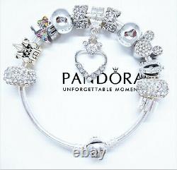 Pandora Silver Bracelet Disney White Mickey Mouse Crystal Heart European Charms