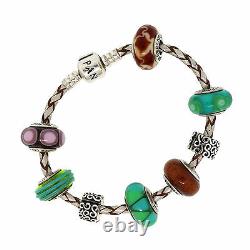 Pandora Sterling Silver Green Brown Purple Murano Glass Leather Charm Bracelet7