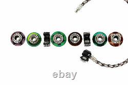 Pandora Sterling Silver Green Brown Purple Murano Glass Leather Charm Bracelet7