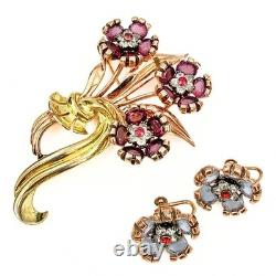 Pennino Vintage Vermeil Sterling Silver 2 Tone Flower Brooch Earrings Set
