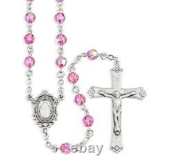 Pink Cut Glass Bead Sterling Silver Floral Border Miraculous Medal Center Rosary