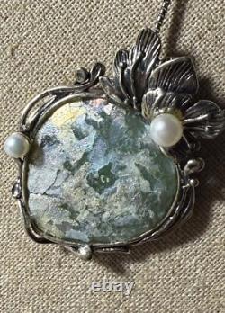 Pz Or Paz Roman Glass Sterling Silver Akoya Pearls Pendant Necklace Israel