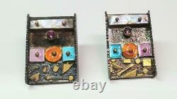 RARE Designer Earl Pardon Sterling Silver Art Glass 14k Gold Earrings