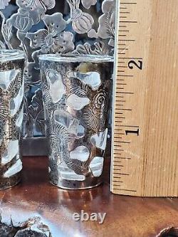 RARE MEXICO STERLING SILVER OVERLAY GLASS BOTTLE DECANTER With6 MATCH SHOTS