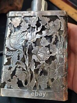 RARE MEXICO STERLING SILVER OVERLAY GLASS BOTTLE DECANTER With6 MATCH SHOTS