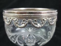 RARE Pair Antique 1879 French Sterling Silver & Etched Glass Bowl Plate Set