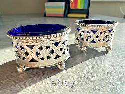 RARE! Pair of Sterling Silver & Cobalt Glass Open Salts 1902 Thomas Hayes