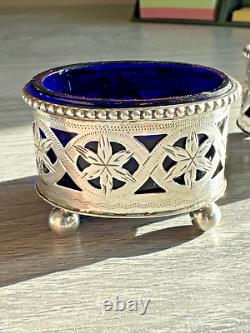 RARE! Pair of Sterling Silver & Cobalt Glass Open Salts 1902 Thomas Hayes