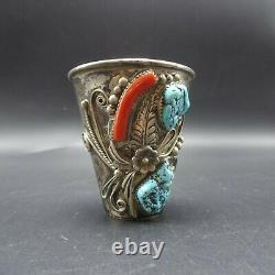 RARE Signed Vintage NAVAJO Sterling Silver TURQUOISE CORAL SHOT GLASS Cup Jigger