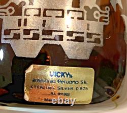RARE VICKYs Smokey Glass Sterling Silver Overlay Mug Made in Peru 1940s