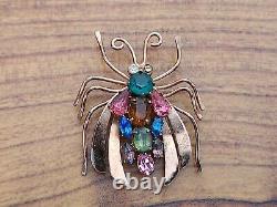 RARE VINTAGE Coro Sterling Silver Vermeil Figural Winged Bug Brooch Rhinestones