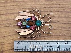 RARE VINTAGE Coro Sterling Silver Vermeil Figural Winged Bug Brooch Rhinestones
