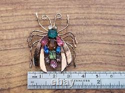RARE VINTAGE Coro Sterling Silver Vermeil Figural Winged Bug Brooch Rhinestones