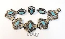 RARE Vintage 1940's Sterling Silver Mexico Hubbell Glass Bracelet Ring Earrings