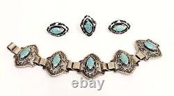 RARE Vintage 1940's Sterling Silver Mexico Hubbell Glass Bracelet Ring Earrings